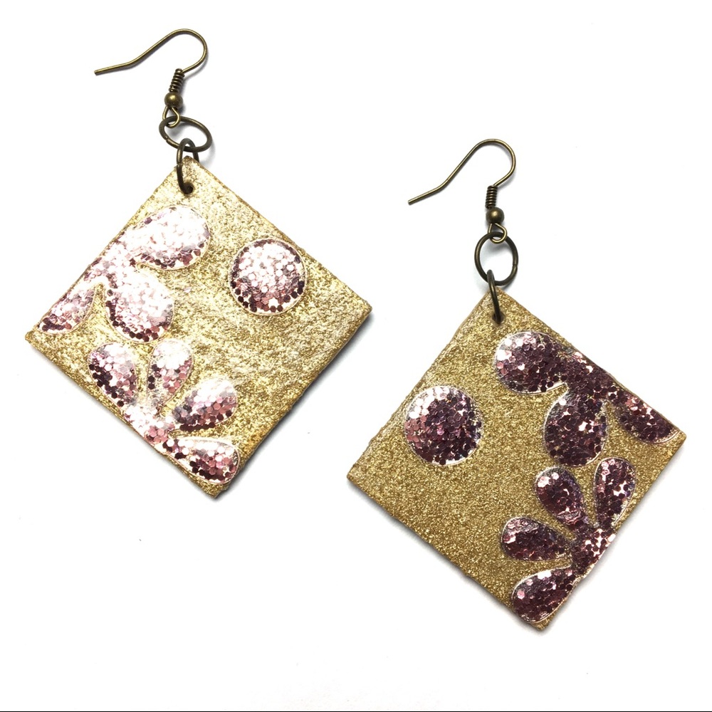 Statement Earrings Drop Dangle Sparkle Gold Pink